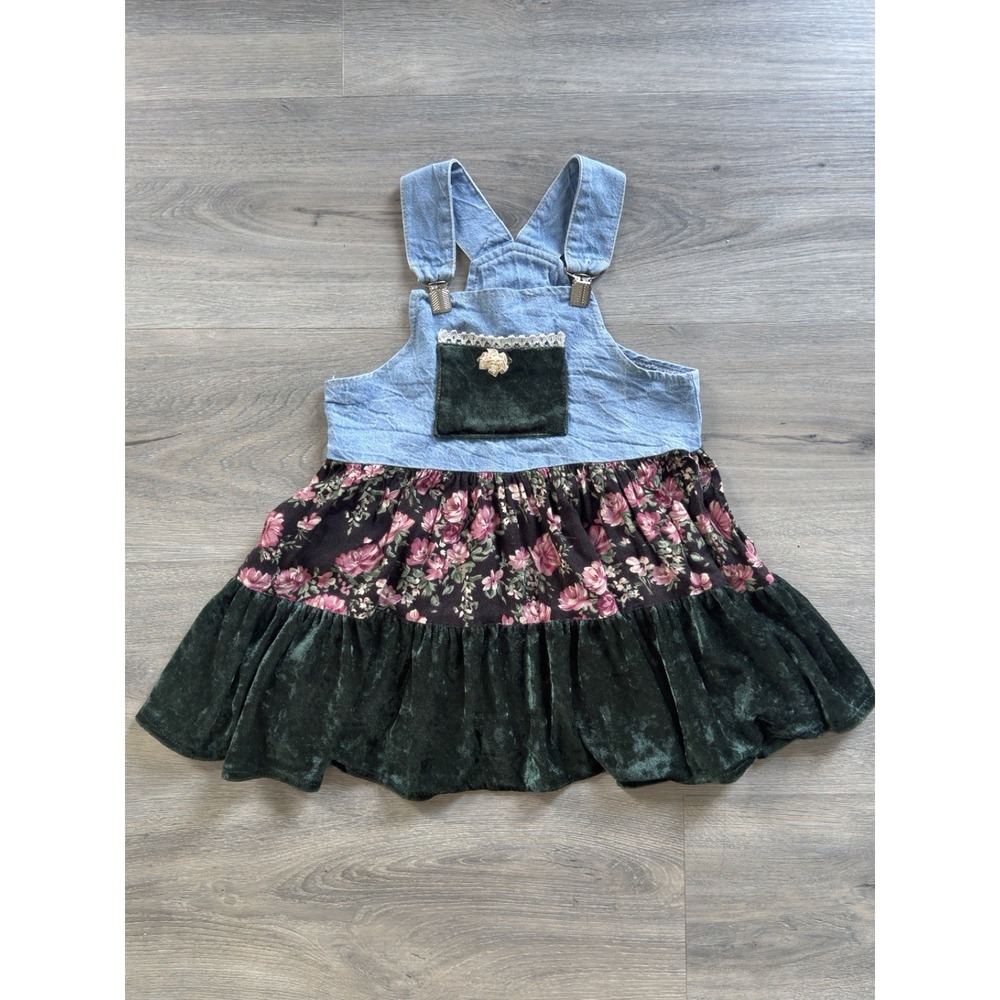 Vintage Toddler Girls Denim Floral Velvet Overall Dress Made In USA Size 3T